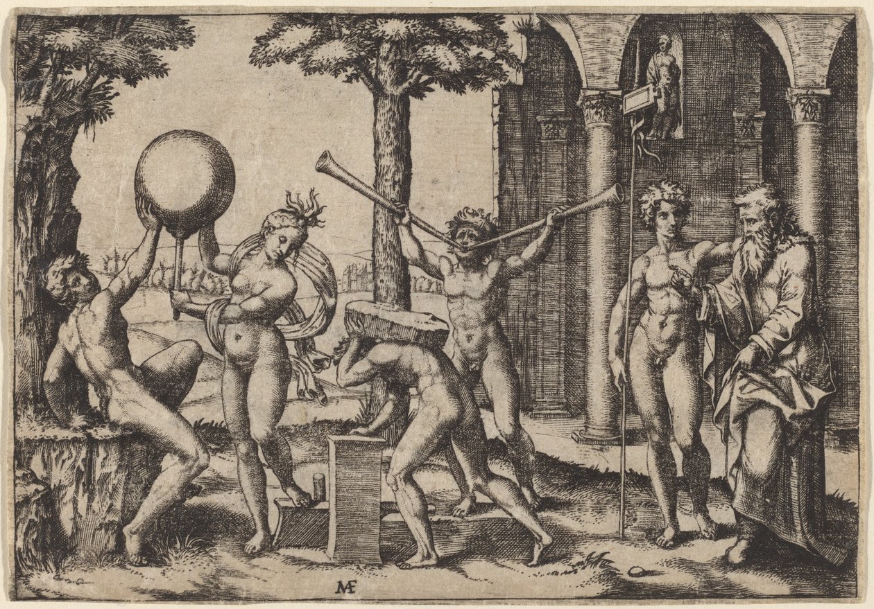 Mannen med två trumpeter av Marcantonio Raimondi after Baccio Bandinelli