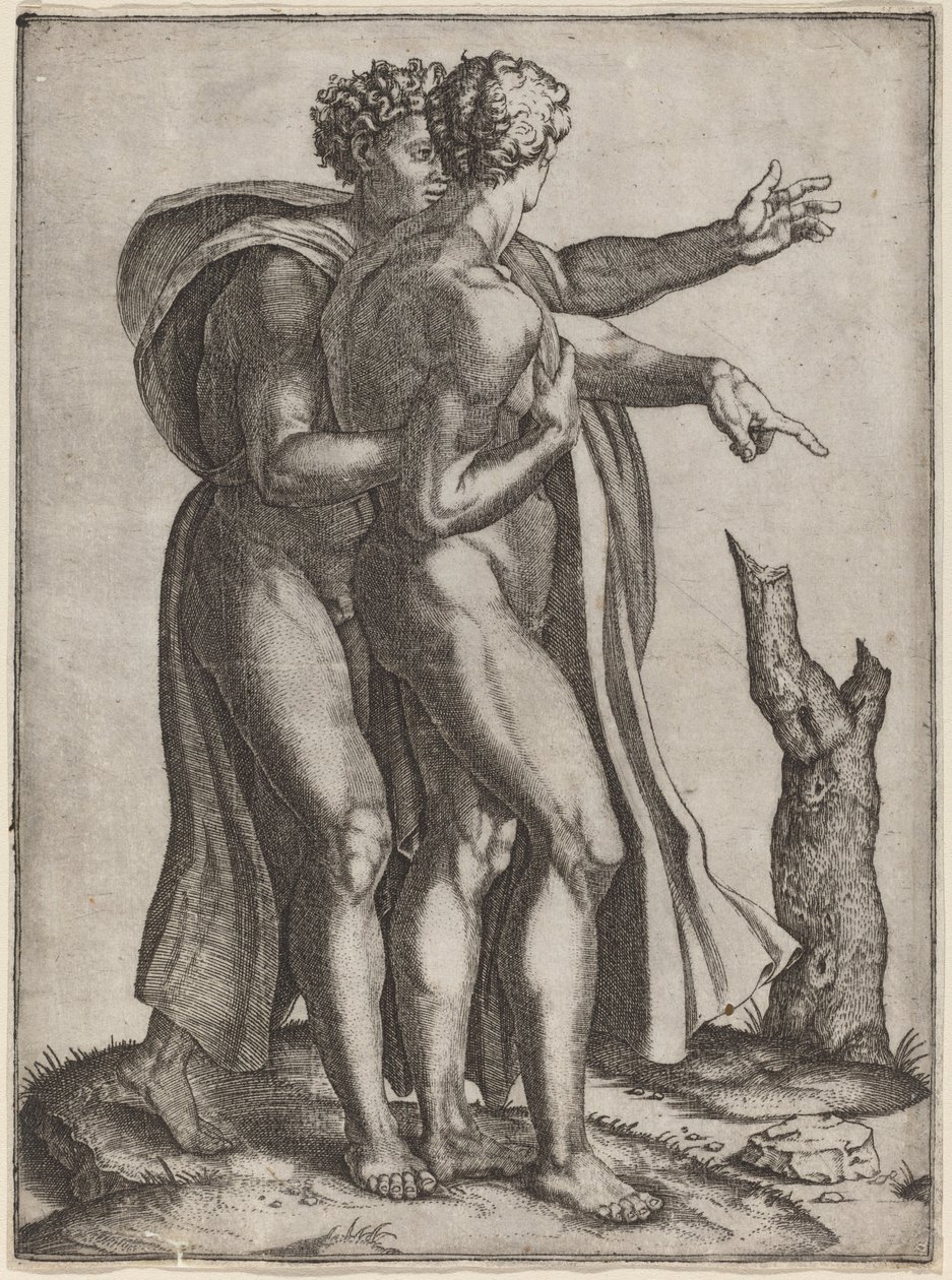 Två nakna män av Marcantonio Raimondi after Michelangelo
