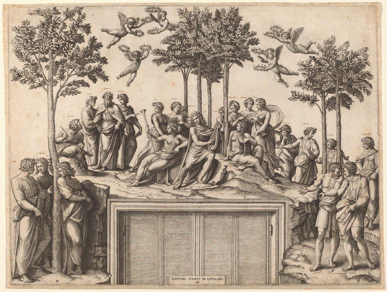 Apollon på Parnassus av Marcantonio Raimondi after Raphael