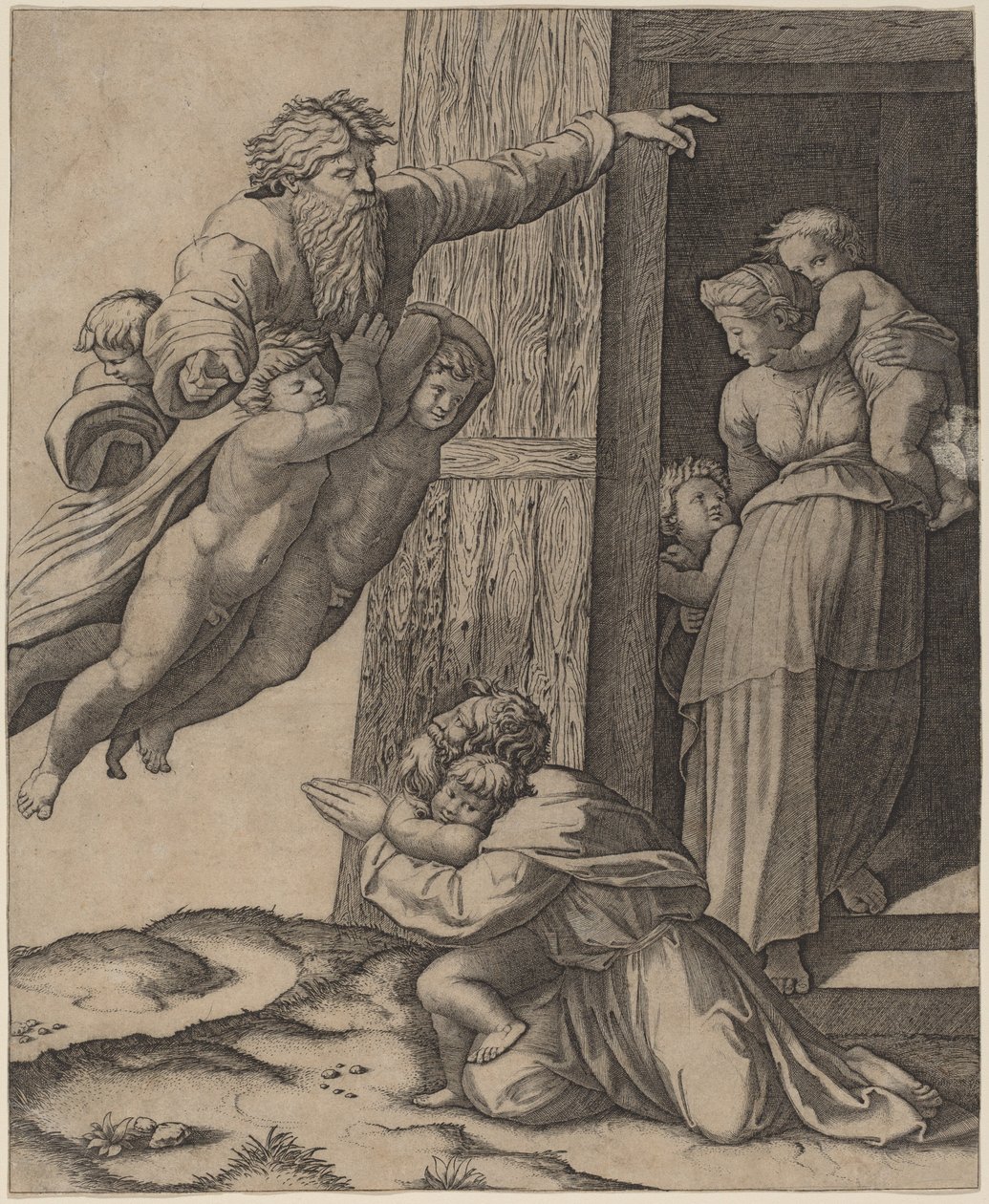 Gud visar sig för Noa av Marcantonio Raimondi after Raphael