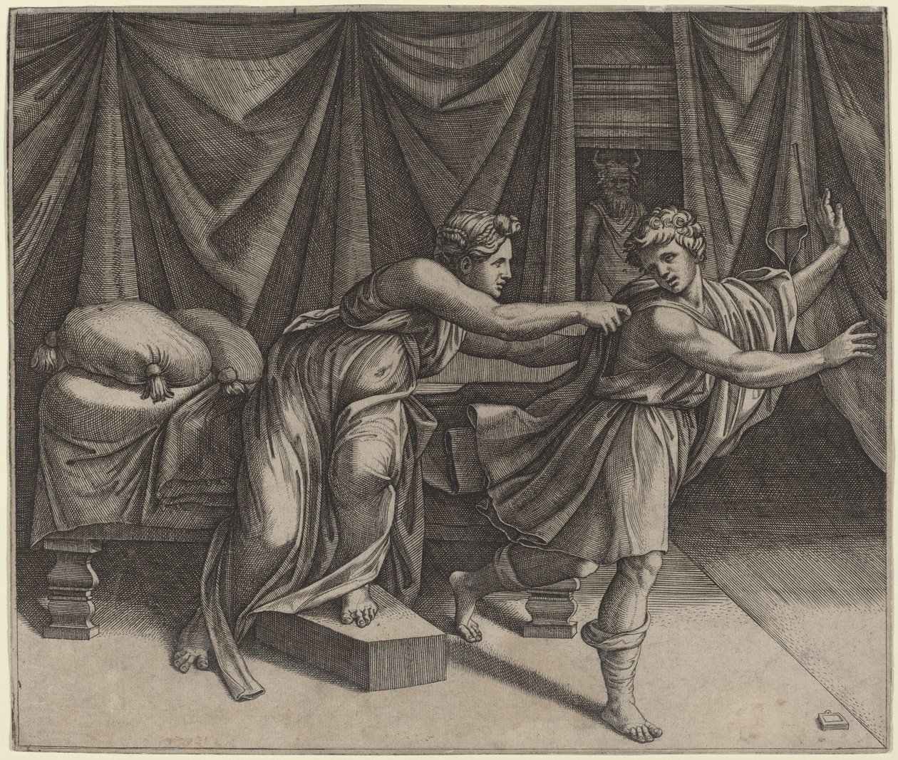 Josef och Potifars hustru av Marcantonio Raimondi after Raphael