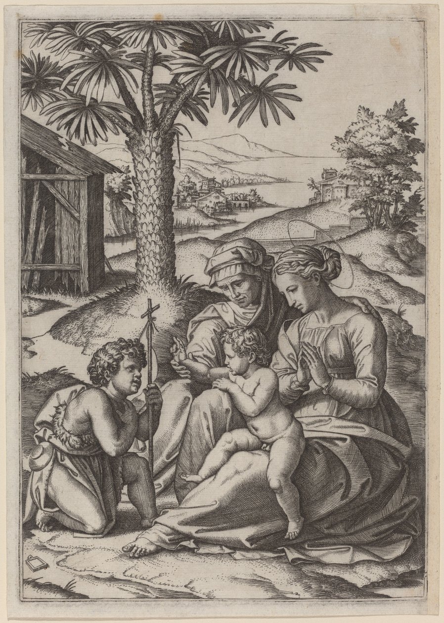 Madonna under en palm av Marcantonio Raimondi after Raphael