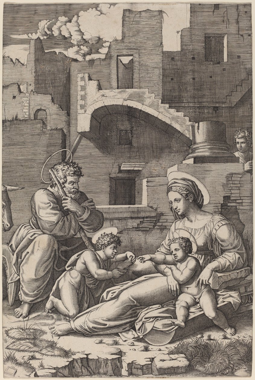 Den heliga familjen med den unge Johannes döparen (Madonnan på det långa låret) av Marcantonio Raimondi after Raphael
