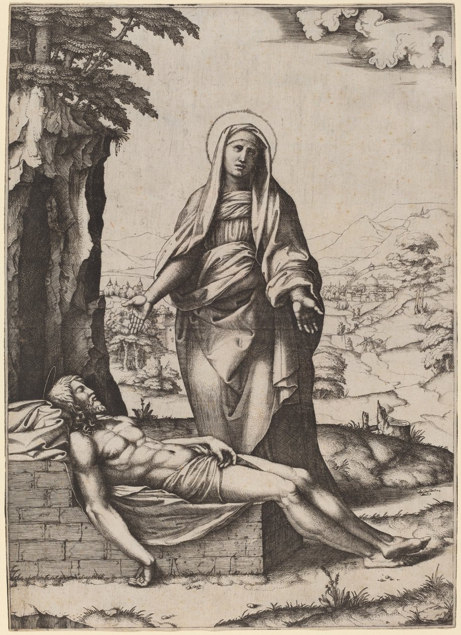 Jungfruns klagosång av Marcantonio Raimondi after Raphael