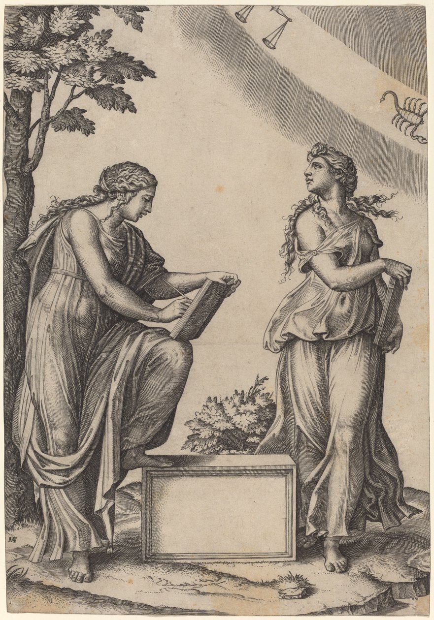 Två kvinnor med zodiaken av Marcantonio Raimondi after Raphael