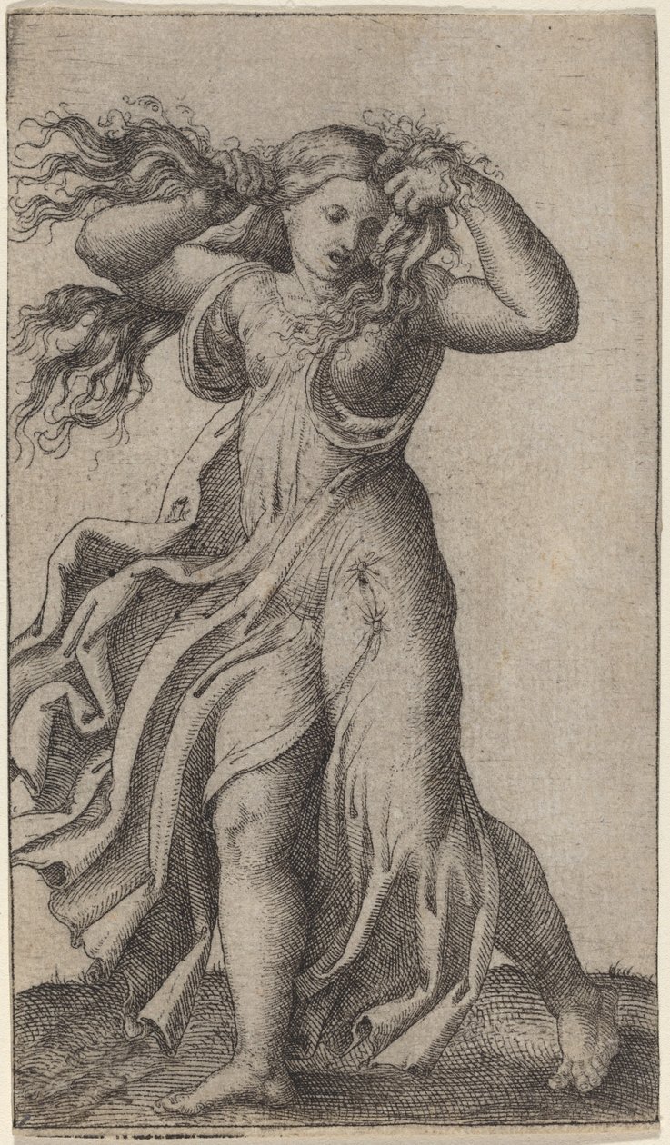 Kvinna som drar hennes hår av Marcantonio Raimondi possibly after Francesco Francia