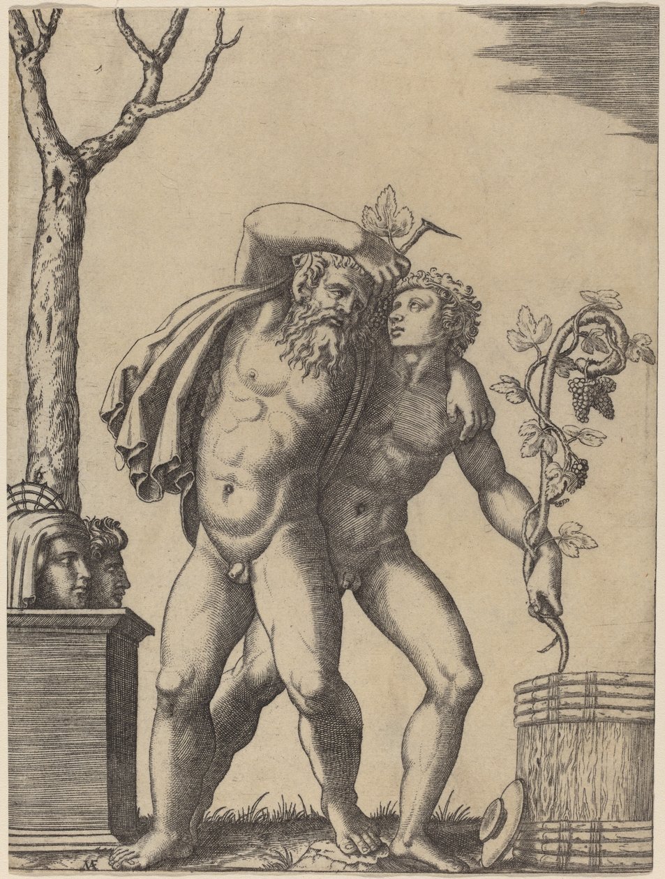 En ung och en gammal Bacchant av Marcantonio Raimondi possibly after Raphael possibly after Giulio Romano