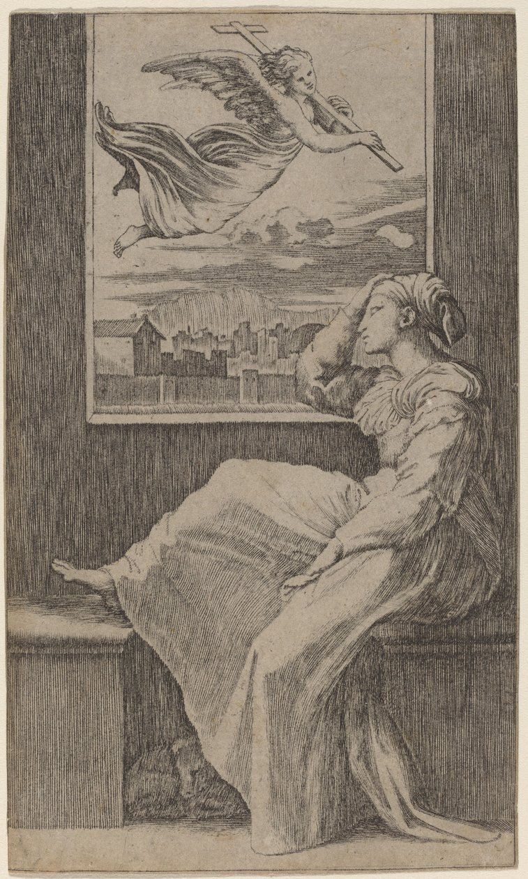 Eftertänksam kvinna av Marcantonio Raimondi possibly after Raphael