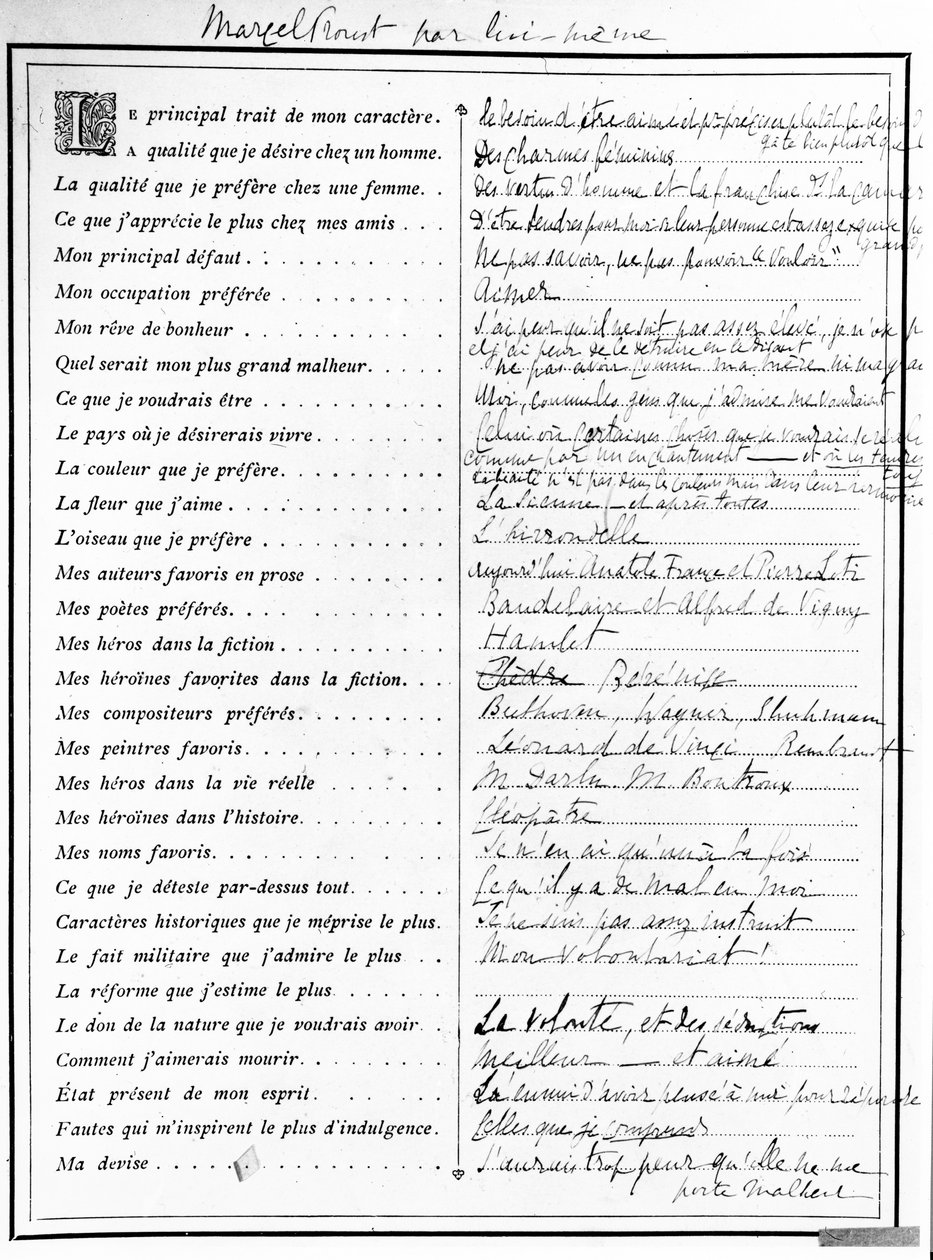 Frågeformulär ifyllt av Marcel Proust, 1890 (penna, bläck och tryckt papper) av Marcel Proust