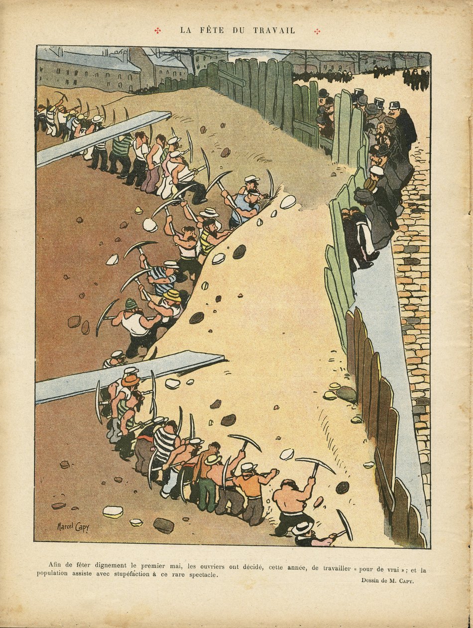 Illustration av Marcel Capy (1865-1941) i Le Rire, 27/04/12 - Labor Day - Arkitektur Stadsplanering, Arbete, 1 maj - Terrassiers av Marcel Amable O.L. Capy