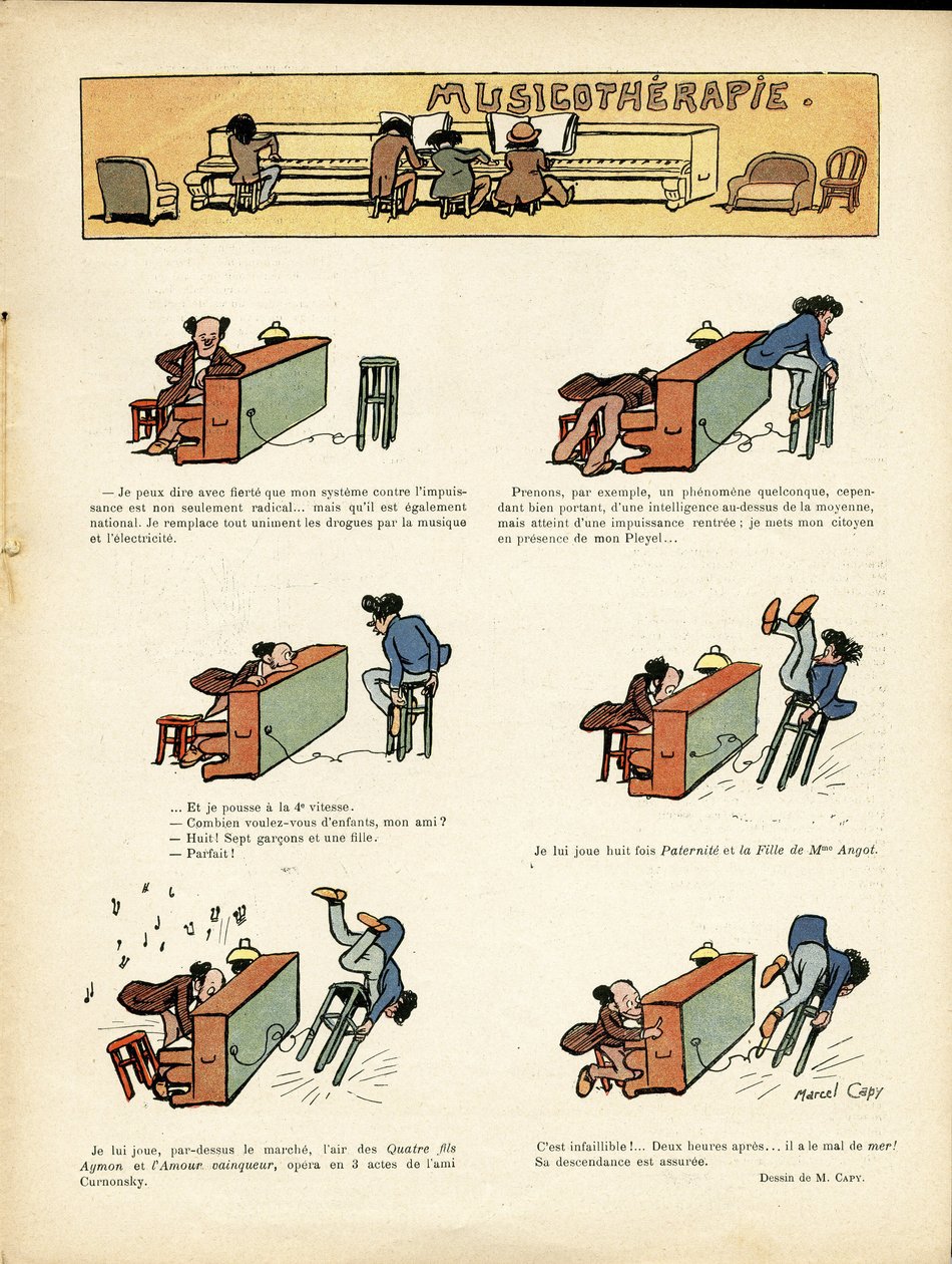 Illustration av Marcel Capy (1865-1941) i Le Rire, 30/03/12 - Musikterapi - Musik, Piano av Marcel Amable O.L. Capy