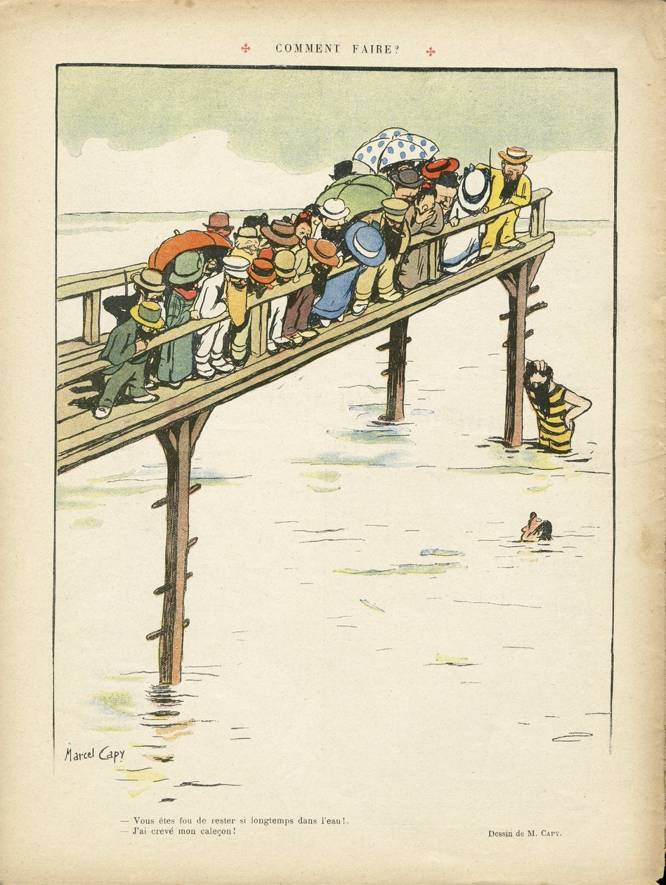 Illustration av Marcel Capy (1865-1941) i Le Lire, 24/08/12 - Hur gör man? - Fritid, Arkitektur Stadsplanering, Marine Marine Seaside, Simning Simning Simning, Folkmassa av Marcel Amable O.L. Capy