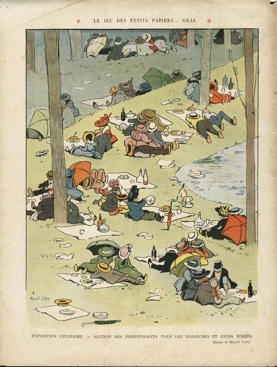 Illustration av Marcel Capy (1865-1941) i Le Lire, 28/05/10 - Spelet med små feta papper - Hobby, picknick, gastronomisk kock av Marcel Amable O.L. Capy