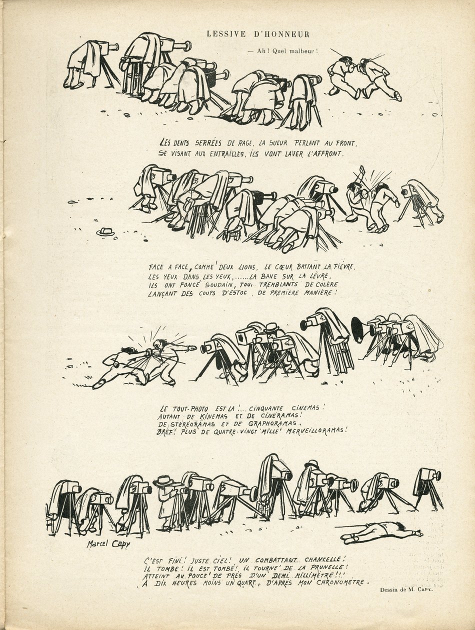Illustration av Marcel Capy (1865-1941) i Le Rire, 02/03/12 - Honor Laundry - Sport, Fotografi Kamerafotograf, Fäktning av Marcel Amable O.L. Capy