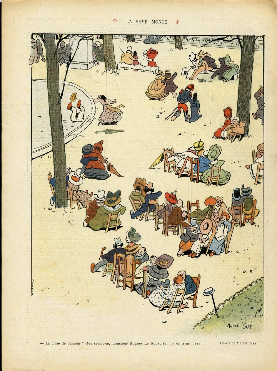 Illustration av Marcel Capy (1865-1941) i Le Rire, 02/05/08 - La seve monte - Kärlek, offentlig trädgård, träd av Marcel Amable O.L. Capy