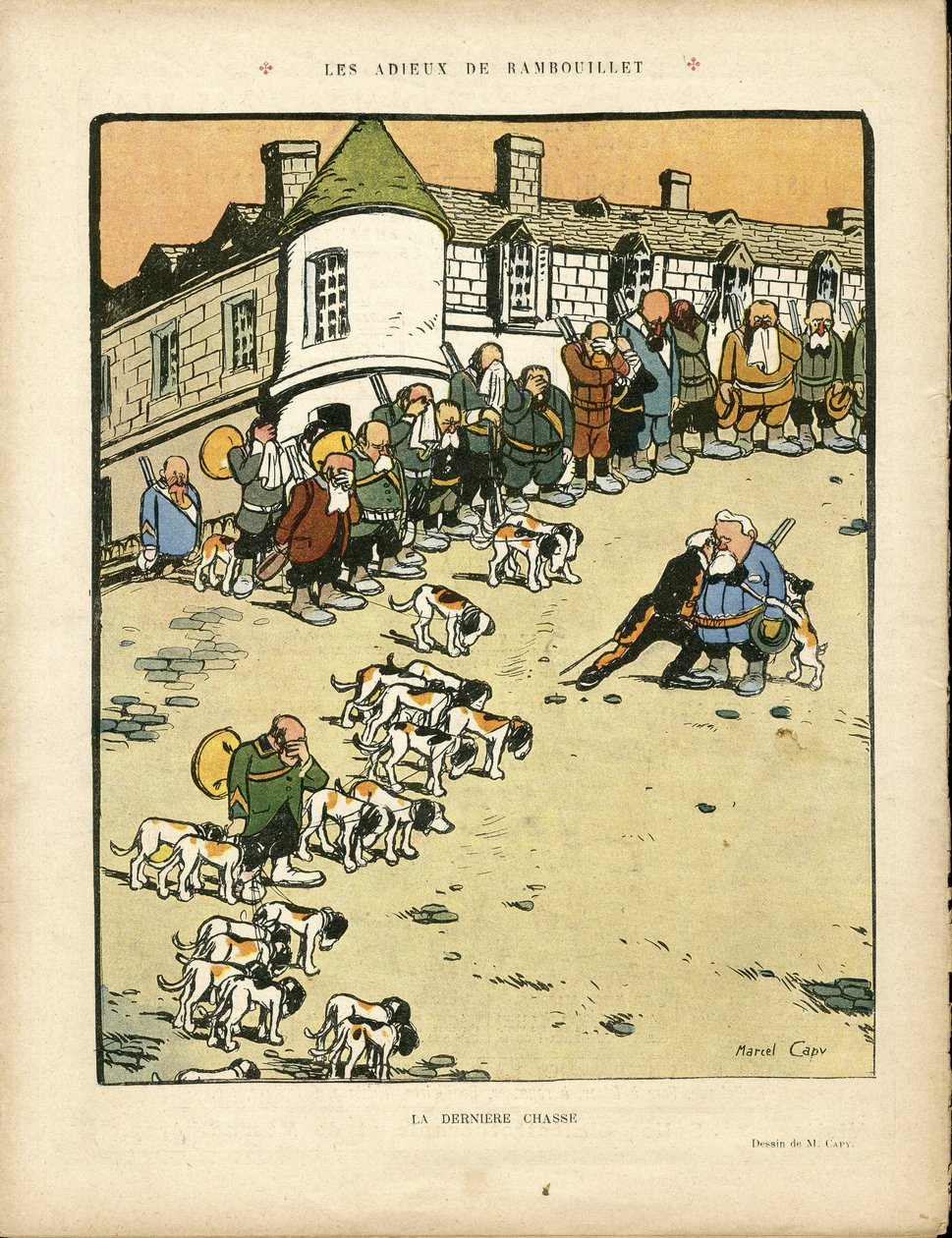 Illustration av Marcel Capy (1865-1941) i Le Rire, 22/02/13 - Rambouillets farväl - Jaktjägare, republikens president, Rambouillet - Fallieres Armand (1841-1931) av Marcel Amable O.L. Capy