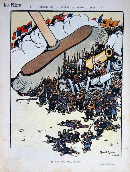 "Den nya ryska kvasten", tecknad film från tidningen "Le Rire" den 5 december 1914 (lito i färg) av Marcel Amable O.L. Capy