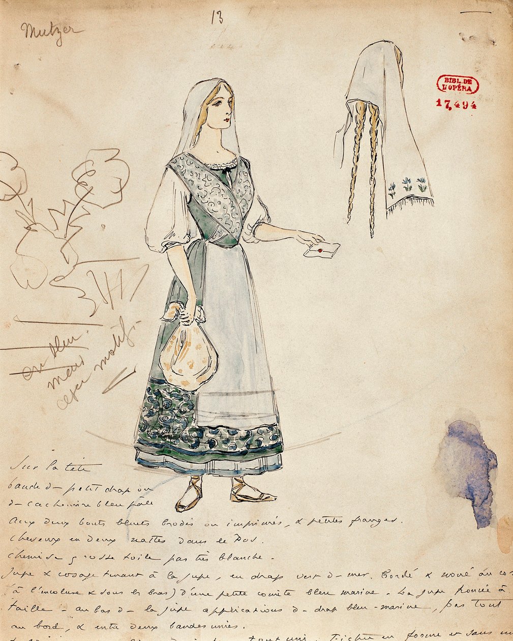 Frankrike, Paris, skiss av kostym för Michaela för Carmen av Georges Bizet av Marcel Multzer