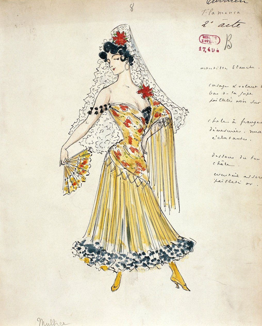 Frankrike, Paris, skiss av kostym för flamencodansare för Carmen av Georges Bizet av Marcel Multzer