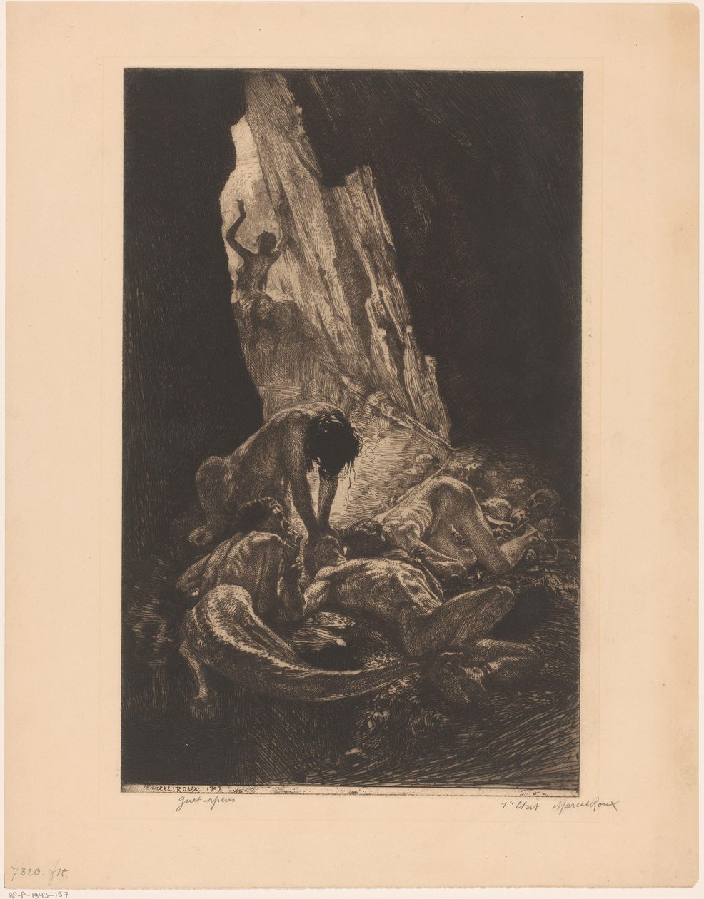 Interiör i en mörk grotta med varelser som slukar en naken man Guet apor (titel på objekt) av Marcel Roux (signed by artist)