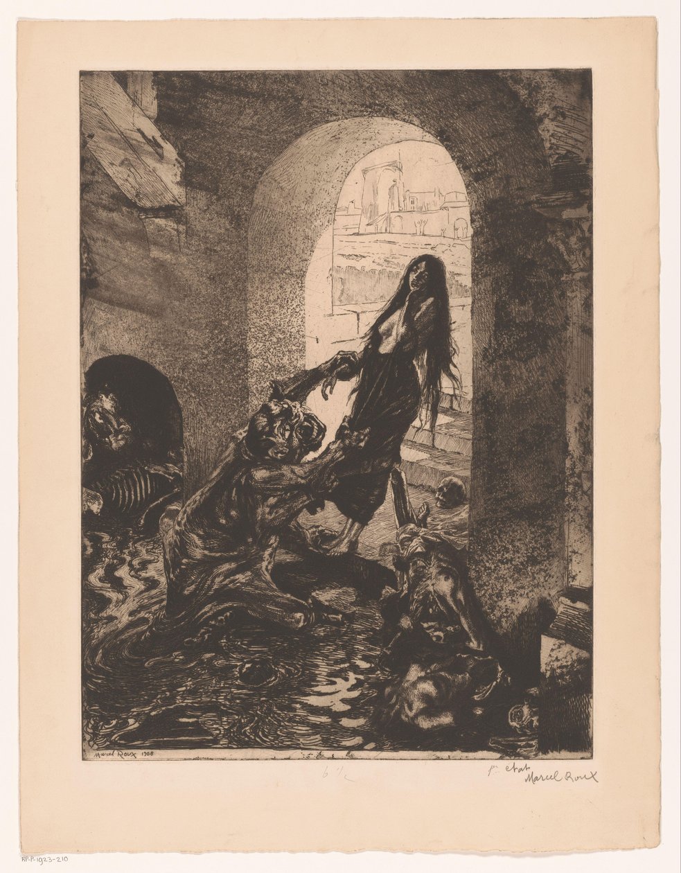 Monster tar tag i en kvinna som står i dörröppningen Offrande a Moloch (titel på objekt) Girl of pleasure (serietitel) Fille de Joie (serietitel på objekt) av Marcel Roux (signed by artist)