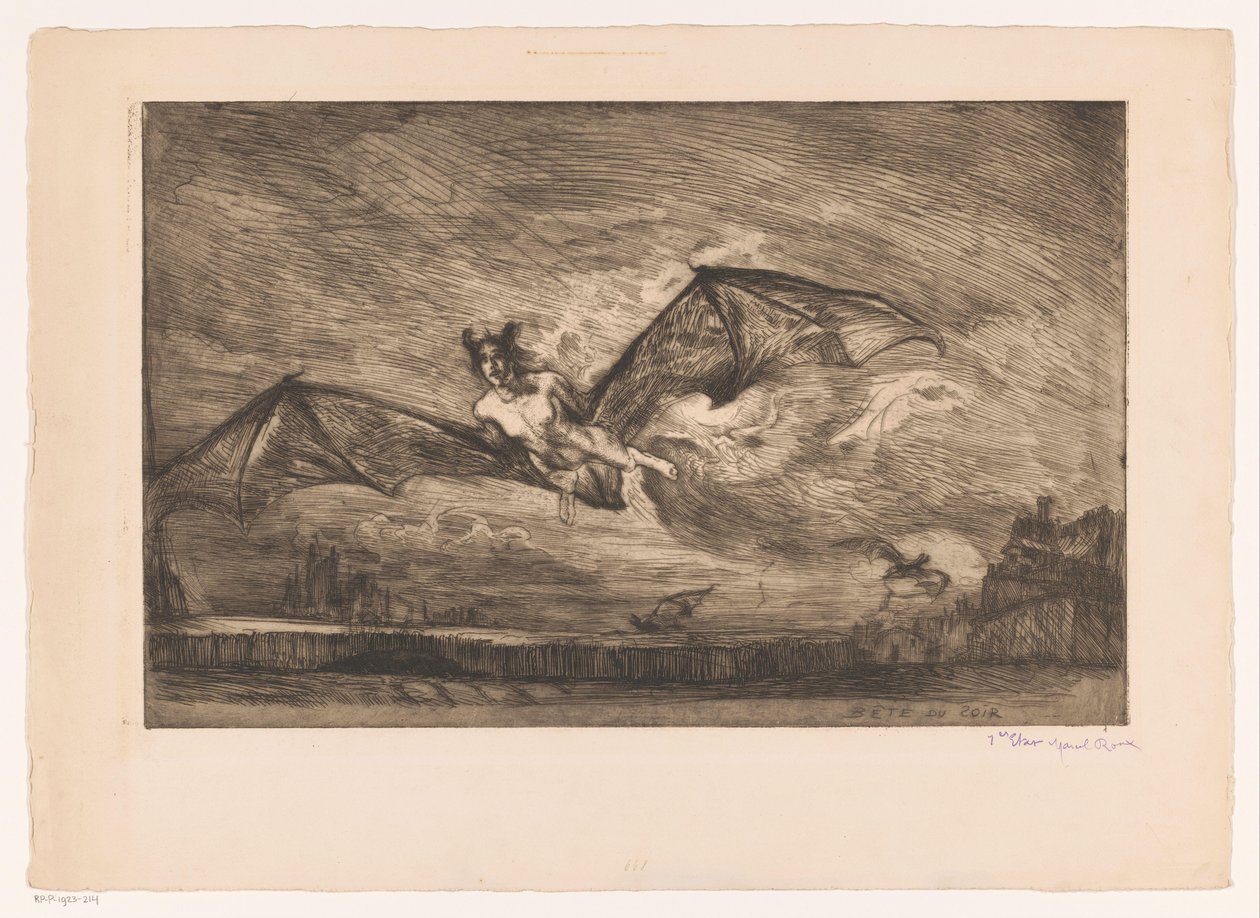 Nattlandskap med fladdermusliknande varelser Bête du soir (titel på objekt) av Marcel Roux (signed by artist)