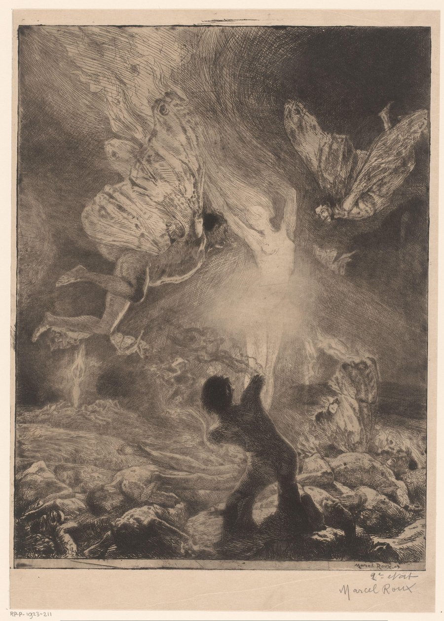 Flamma i form av en kvinna, omgiven av män med vingar som brinner och kraschar femme flamme Girl of pleasure (serietitel) Fille de Joie (serietitel på objekt) av Marcel Roux (signed by artist)