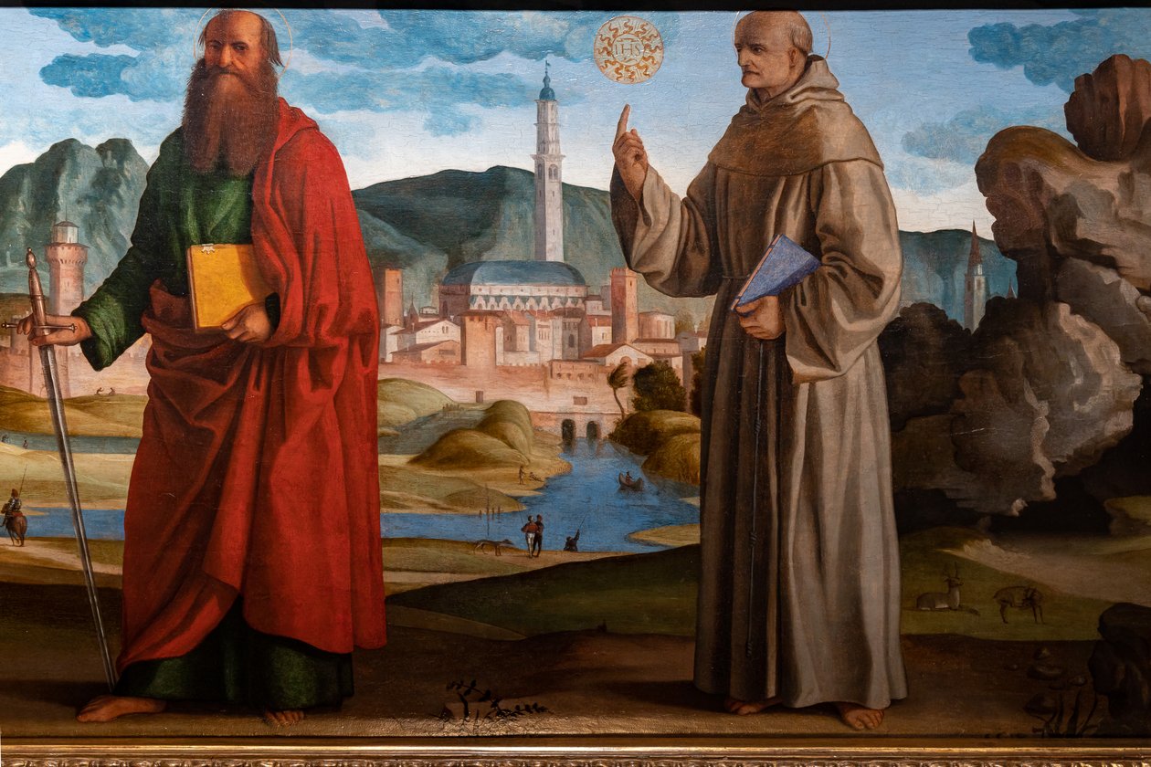 St Francis tar emot stigmata bland St. Clare och Peter, den välsignade Bartolomeo av Breganze, och St. Paul och Bernardino, detalj av Marcello Fogolino