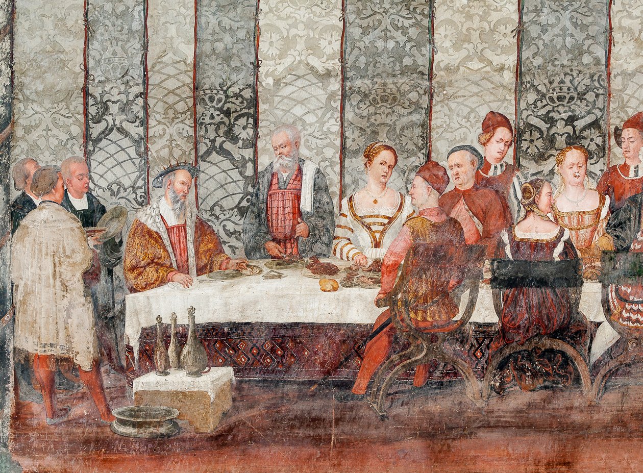 Bankett, detalj av Christian I av Danmarks besök i Bartolomeo Colleoni, Honor Hall av Marcello or Romani Girolamo (Romanino) (c.1485 c.1566) (attr.to) Fogolino