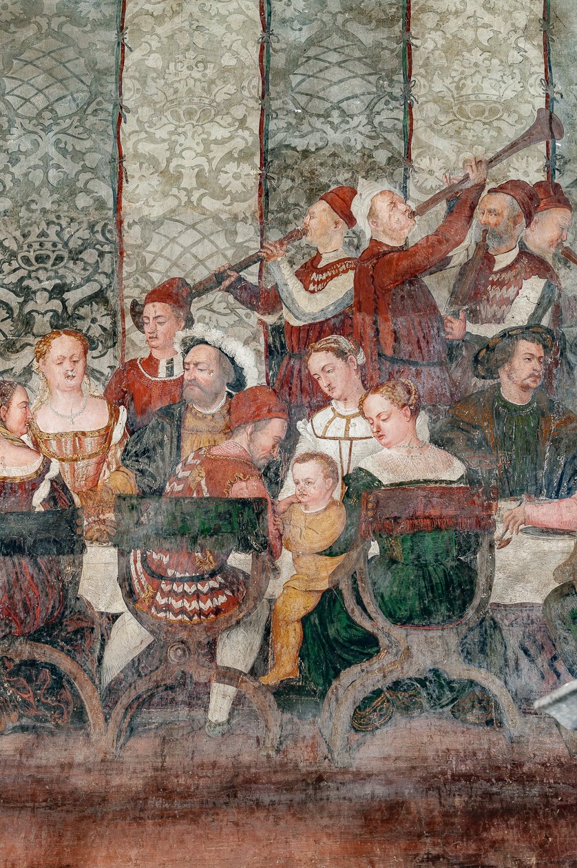 Bankett, detalj av Christian I av Danmarks besök i Bartolomeo Colleoni, Honor Hall av Marcello or Romani Girolamo (Romanino) (c.1485 c.1566) (attr.to) Fogolino