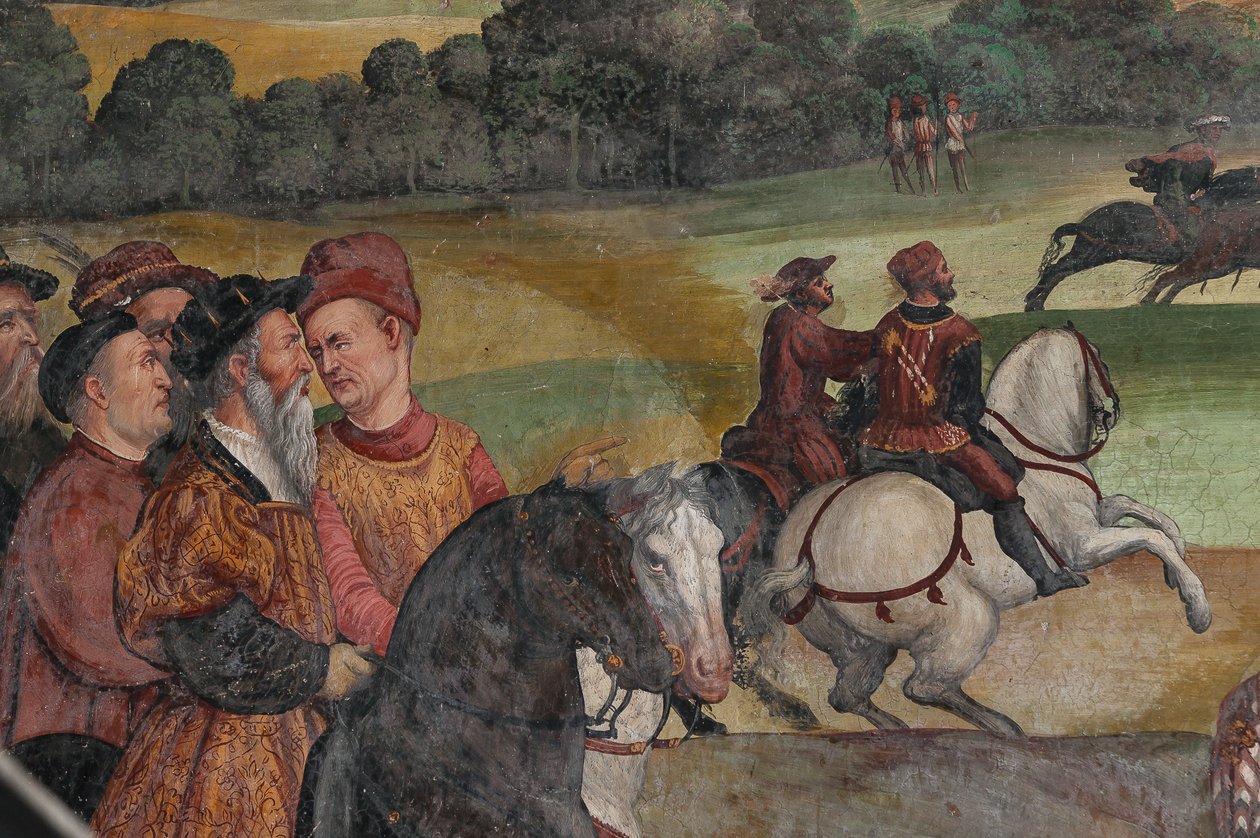Jaktscen, detalj av Christian I av Danmarks besök i Bartolomeo Colleoni, Honor Hall av Marcello or Romani Girolamo (Romanino) (c.1485 c.1566) (attr.to) Fogolino
