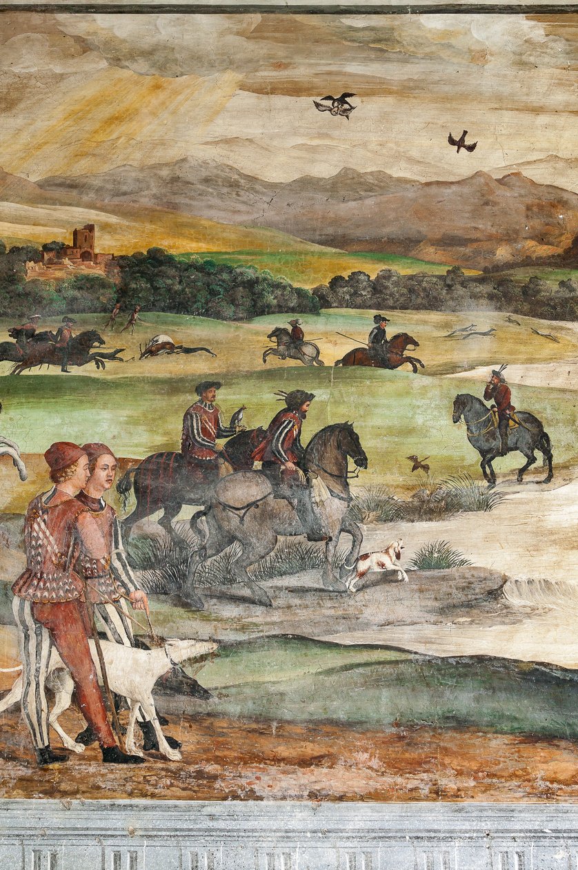 Jaktscen, detalj av Christian I av Danmarks besök i Bartolomeo Colleoni, Honor Hall av Marcello or Romani Girolamo (Romanino) (c.1485 c.1566) (attr.to) Fogolino