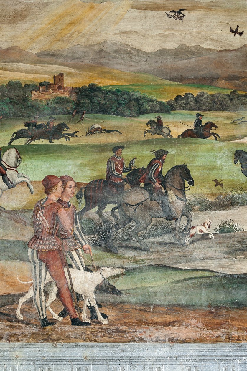Jaktscen, detalj av Christian I av Danmarks besök i Bartolomeo Colleoni, Honor Hall av Marcello or Romani Girolamo (Romanino) (c.1485 c.1566) (attr.to) Fogolino