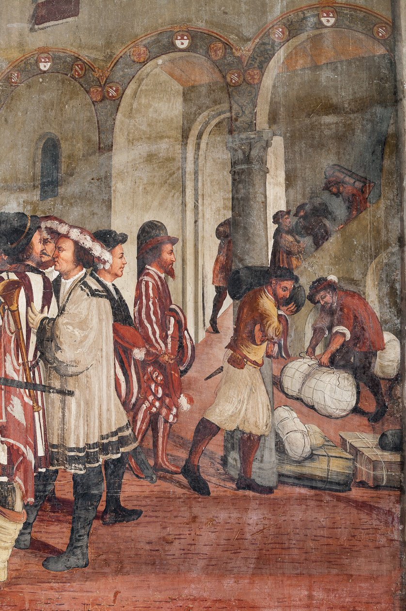 Jaktscen, detalj av Christian I av Danmarks besök i Bartolomeo Colleoni, Honor Hall av Marcello or Romani Girolamo (Romanino) (c.1485 c.1566) (attr.to) Fogolino