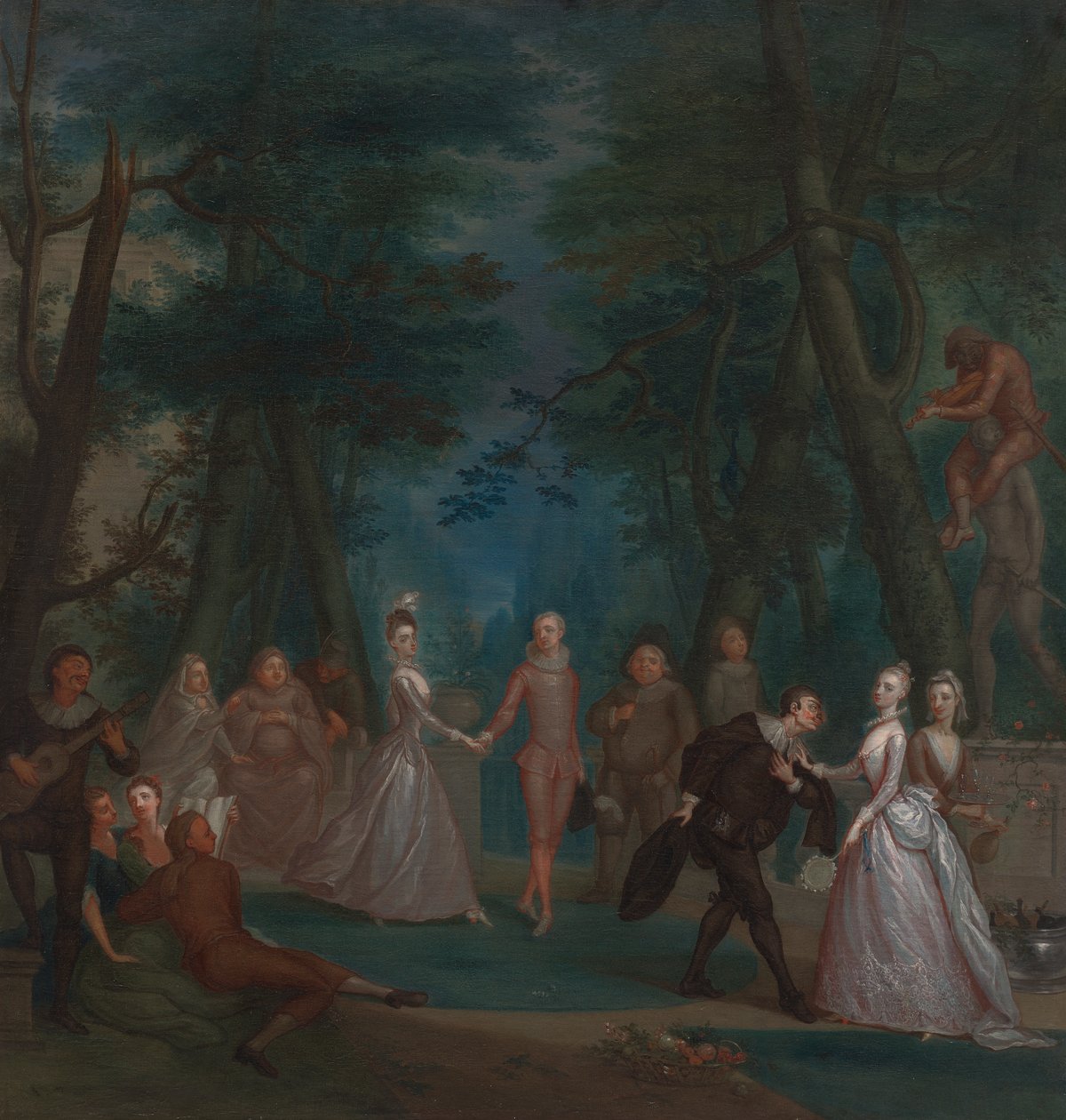 Scen i en park, med figurer från Commedia dell
