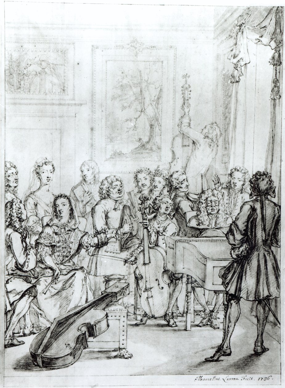Konsert på Montague House, 1736 (penna och bläck över penna på papper) av Marcellus the Younger Laroon