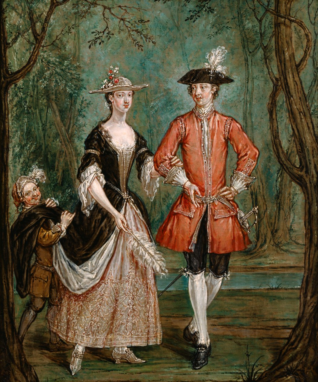 Dam och gentleman med en sida (olja på panel) av Marcellus the Younger Laroon