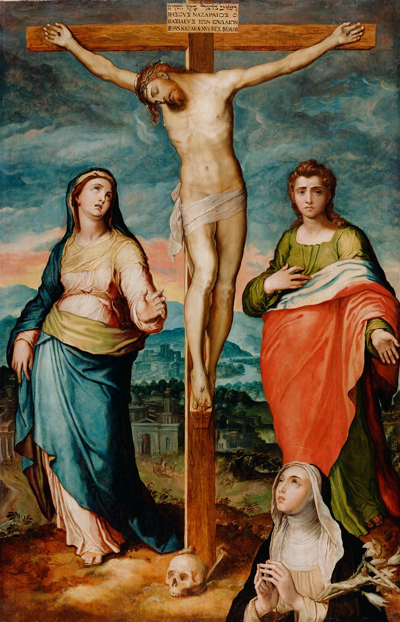 Kristus på korset med de heliga Maria, Johannes evangelisten och Katarina av Siena, ca 1570 av Marco Pino