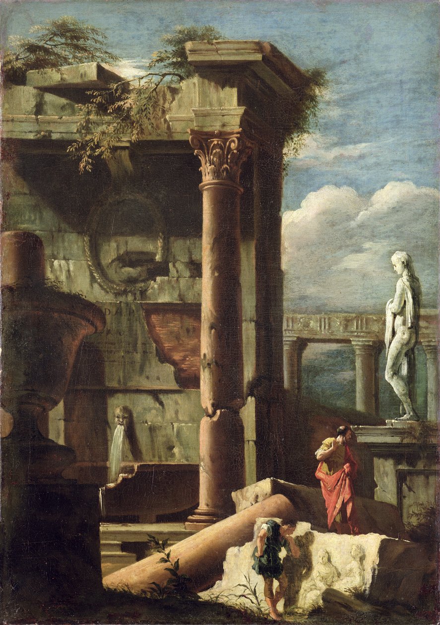 Ancient Building with a Statue and Decorative Figures, 1720-25  av Marco Ricci