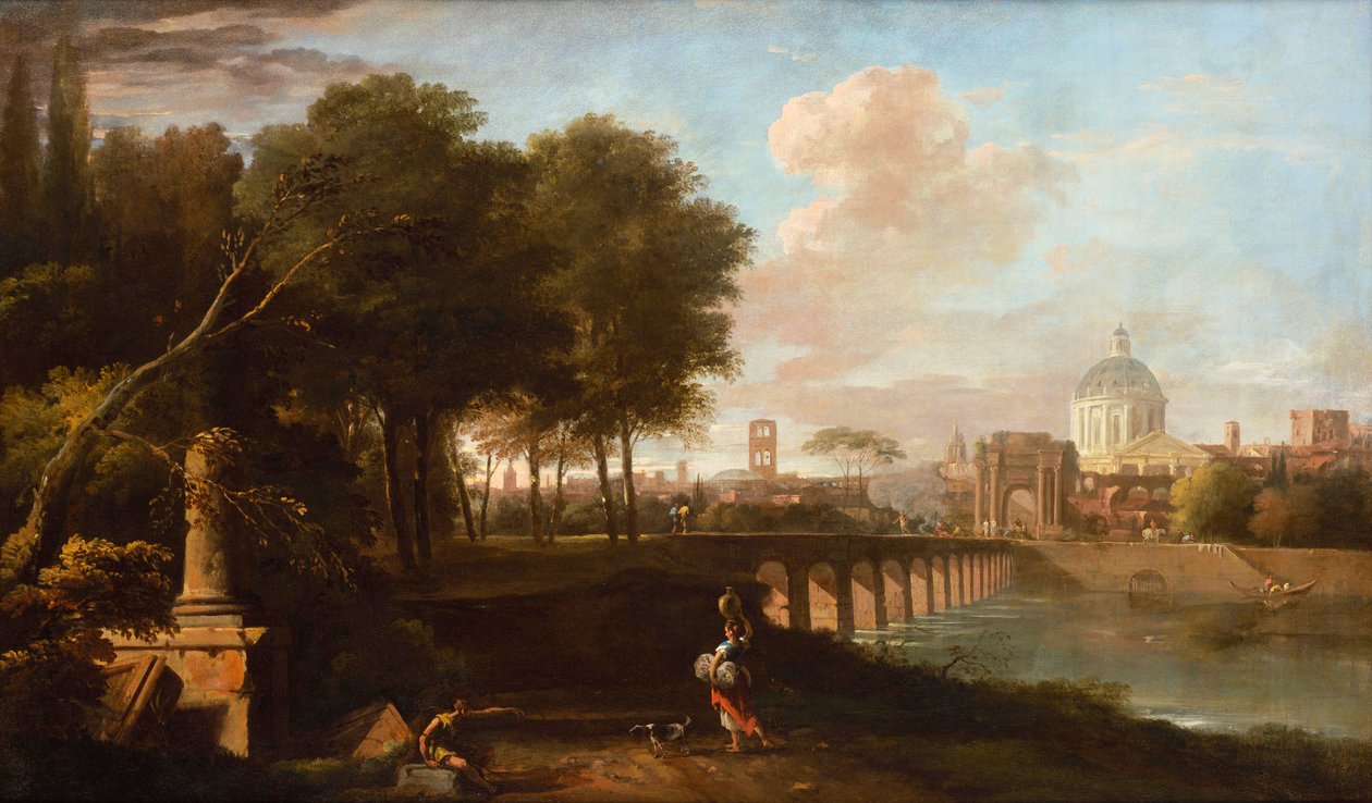 Klassiskt landskap, med Wrens kupol av King Charles Court, Greenwich Hospital (idag Royal Naval College, Greenwich), ca 1710 av Marco Ricci