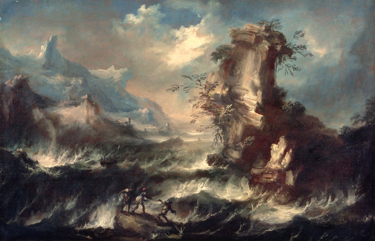 Italienska havslandskap med stenar och figurer av Marco Ricci