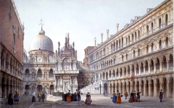 Gården i Palazzo Ducale, Venedig, graverad av Brizeghel (litho) av Marco (after) Moro