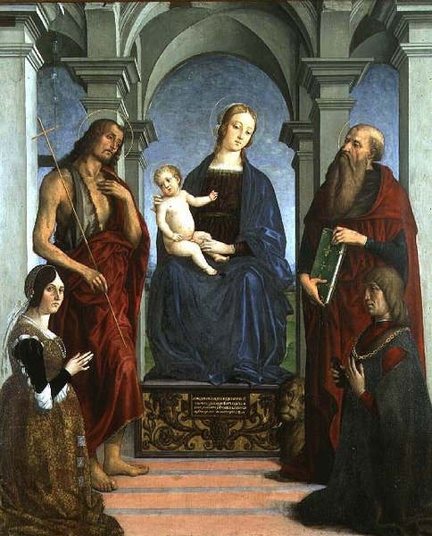 Madonna och barn med S:t Hieronymus och S:t Johannes Döparen och givare (panel) av Marco (attr. to) Meloni