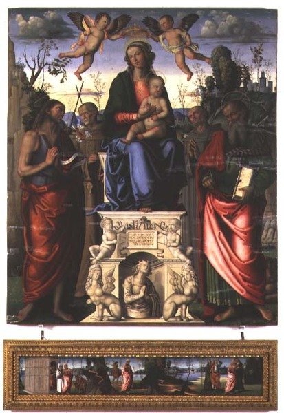 Madonna och barn med St. Johannes Döparen, St. Bernardino av Siena och St. Hieronymus (panel) av Marco (attr. to) Meloni