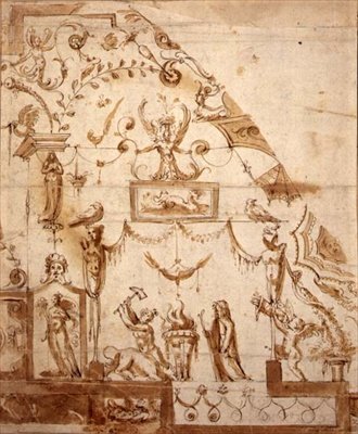 Design för ett groteskt tak (penna & sepia bläck på papper) av Marco (fl.1565 88) (circle of) Marchetti