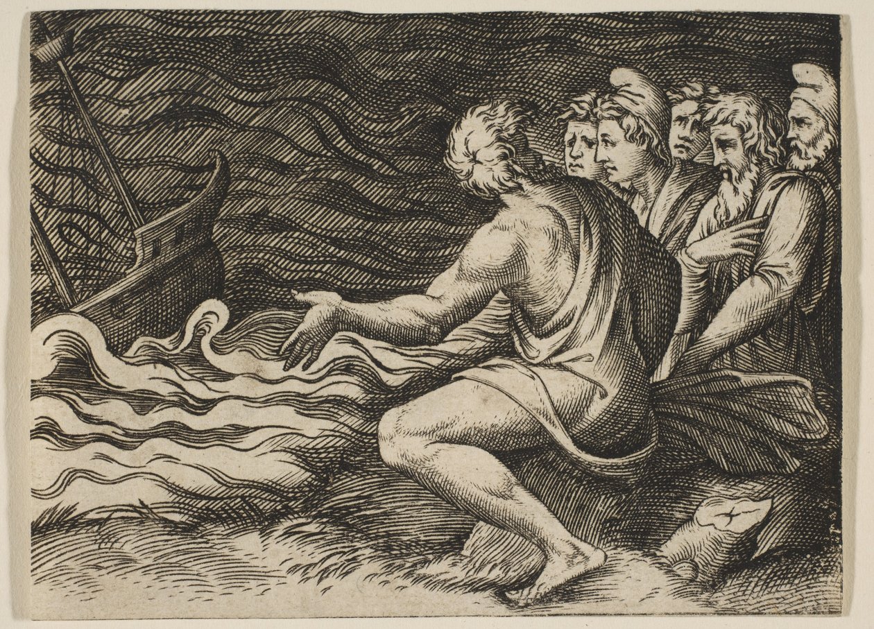 En grupp figurer till höger som bevittnar ett skeppsbrott, ca. 1515-27. av Marco Dente
