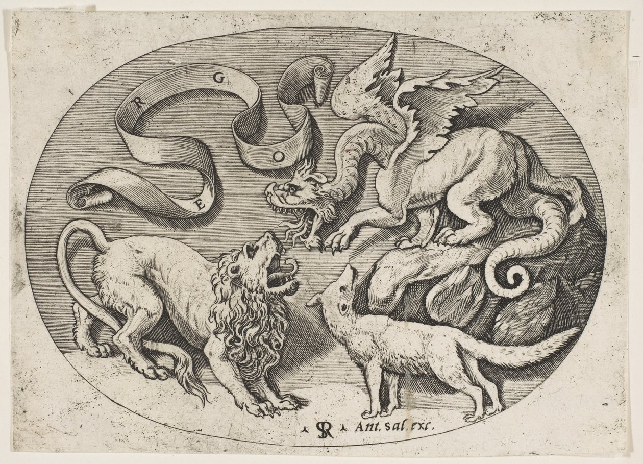Ett lejon, en drake och en räv som slåss mot varandra, en inskriven banderole ovanför, en oval c..., ca. 1515-27. av Marco Dente