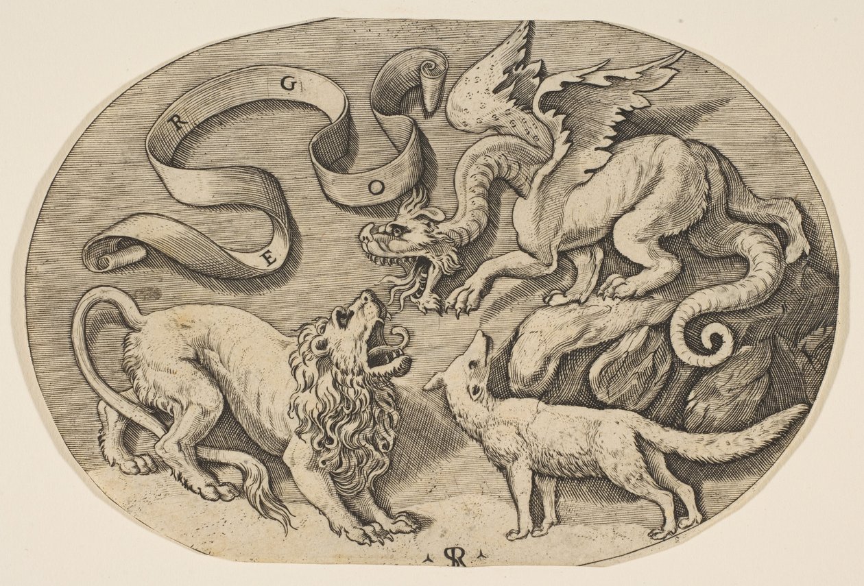 Ett lejon, en drake och en räv som slåss mot varandra, en inskriven banderole ovanför, en oval c..., ca. 1515-27. av Marco Dente