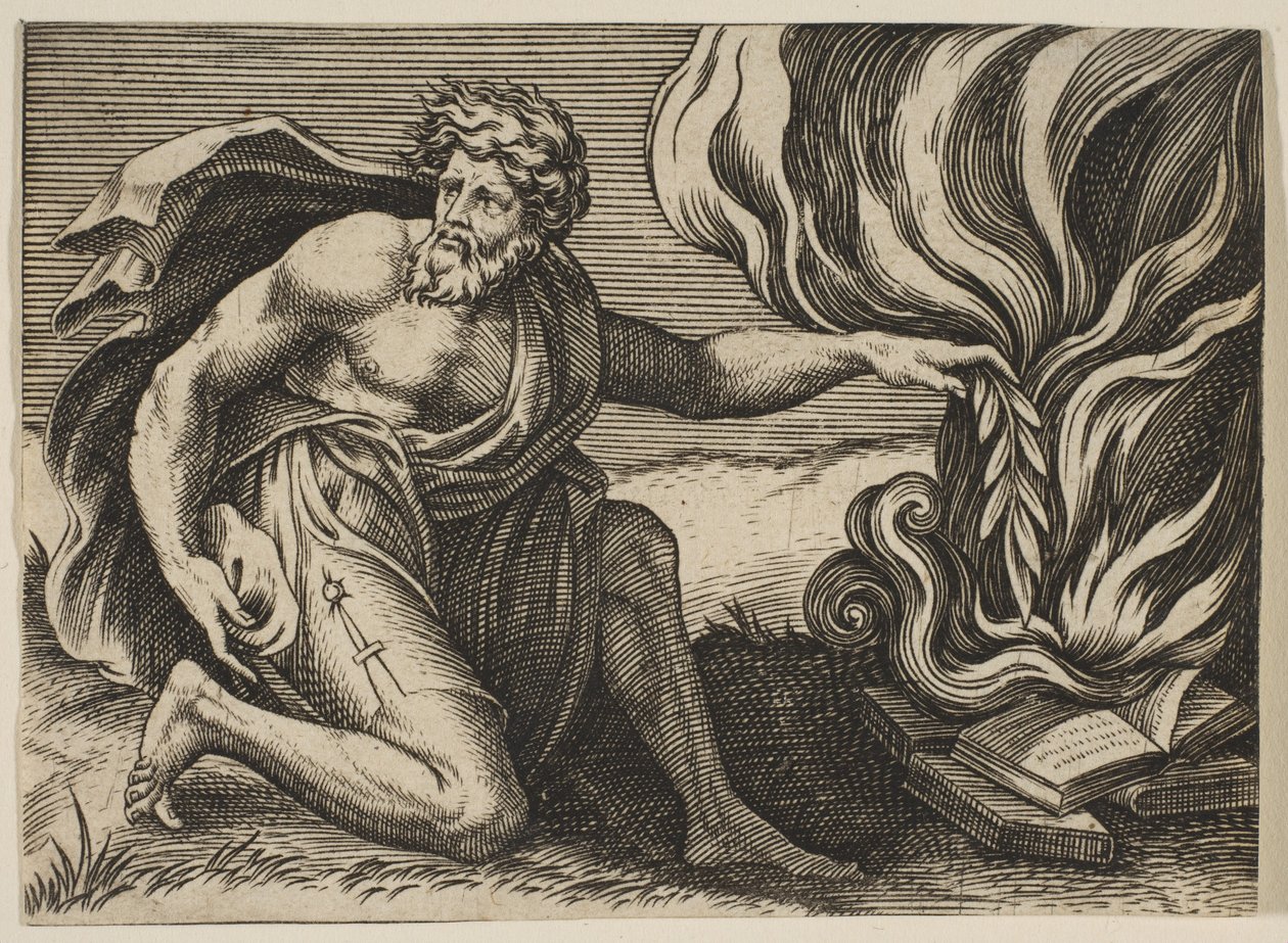 En man som knäböjer och lägger en lagergren på en hög med brinnande böcker, ca. 1515-27. av Marco Dente