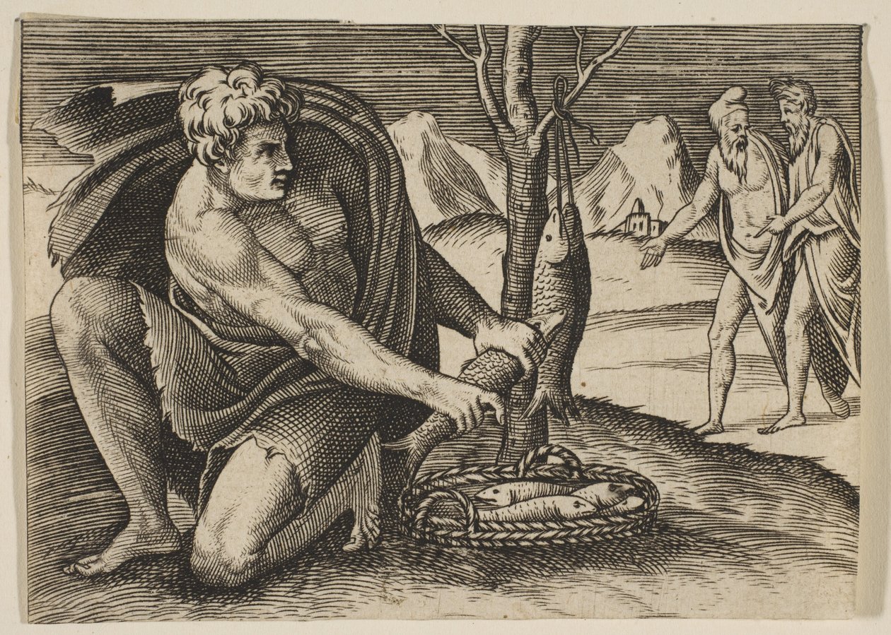 En man som knäböjer bredvid en fiskkorg och tar en med båda händerna, två män vid ..., ca. 1515-27. av Marco Dente
